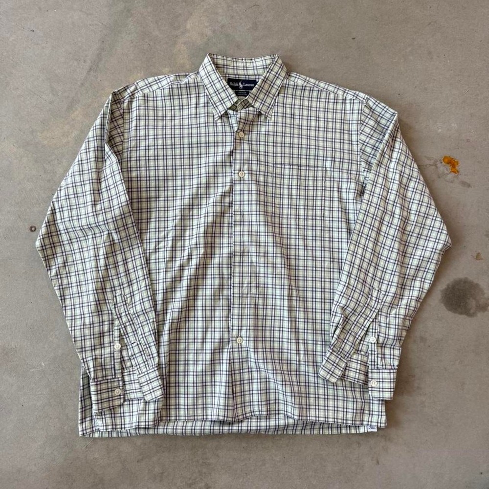 2000s Y2K  Ralph Lauren white and green plaid cotton button-up shirt Size L